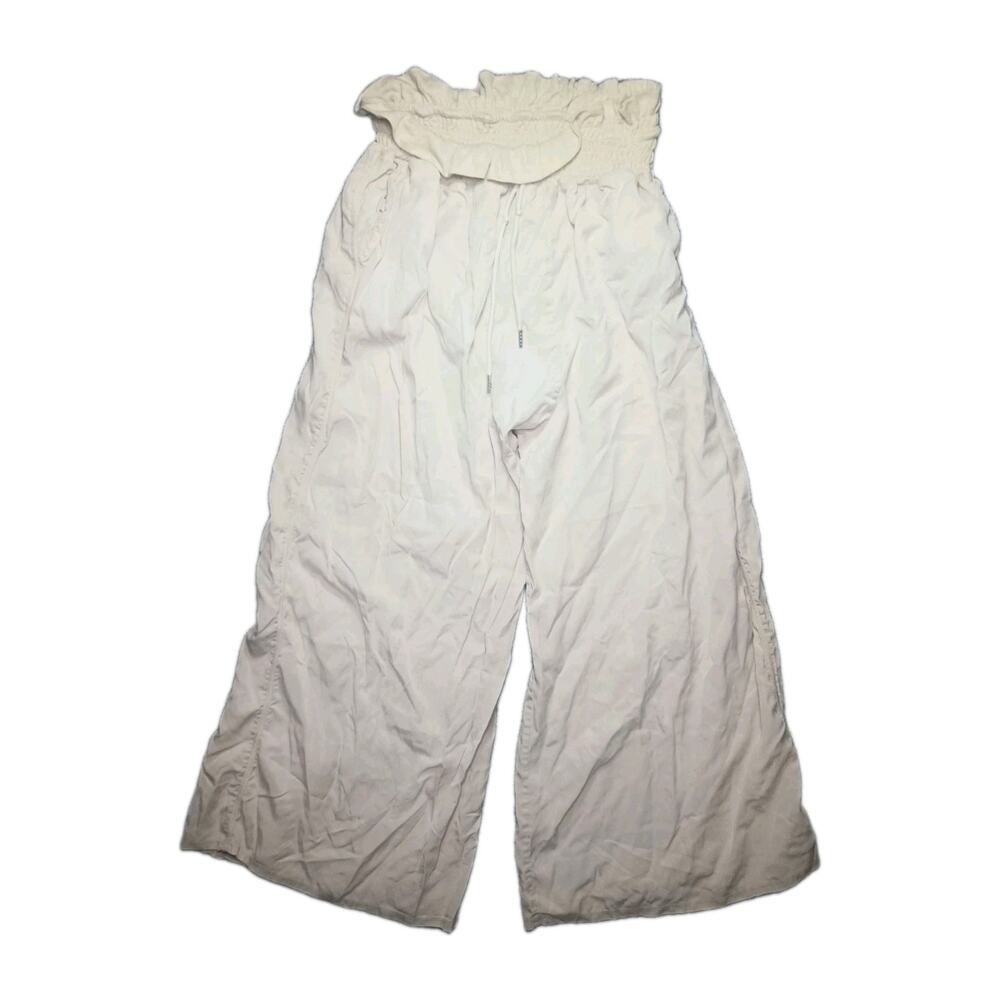 FP Movement Wide Leg Pants Womens Size M Beige Shirred Tie Waist Boho Vacation
